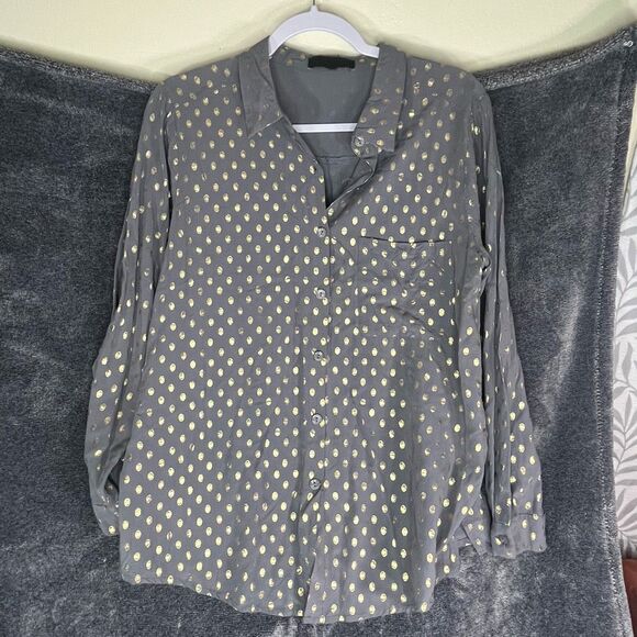 Monarc Grey Metallic Gold Polka-Dot Button Down Shirt Size Medium - Picture 1 of 5